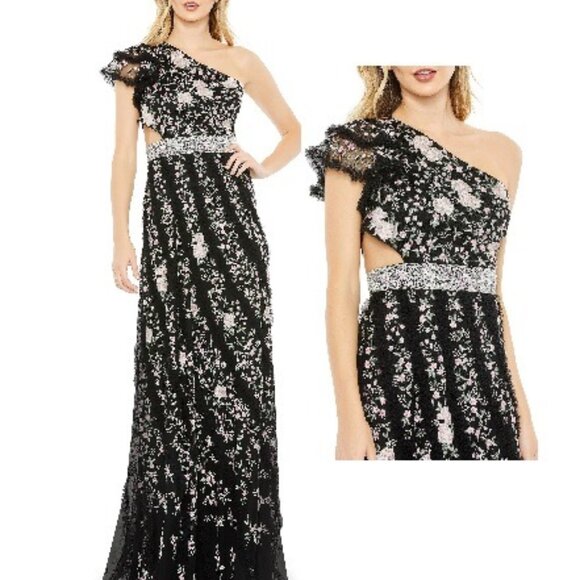 NWT Mac Duggal 70160 Black Ruffled One Shoulder Fall Wedding size 6 - Picture 1 of 12